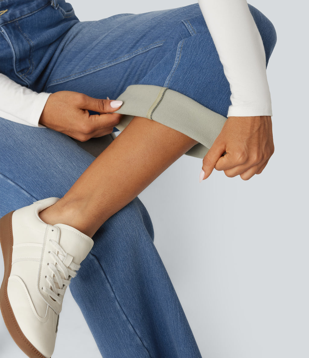 Mid Rise Asymmetric Straight Leg Fleece Casual Jeans with Pockets — Blue Jasper Denim — view 8