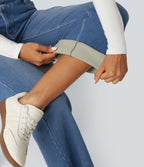Mid Rise Asymmetric Straight Leg Fleece Casual Jeans with Pockets — Blue Jasper Denim — view 8