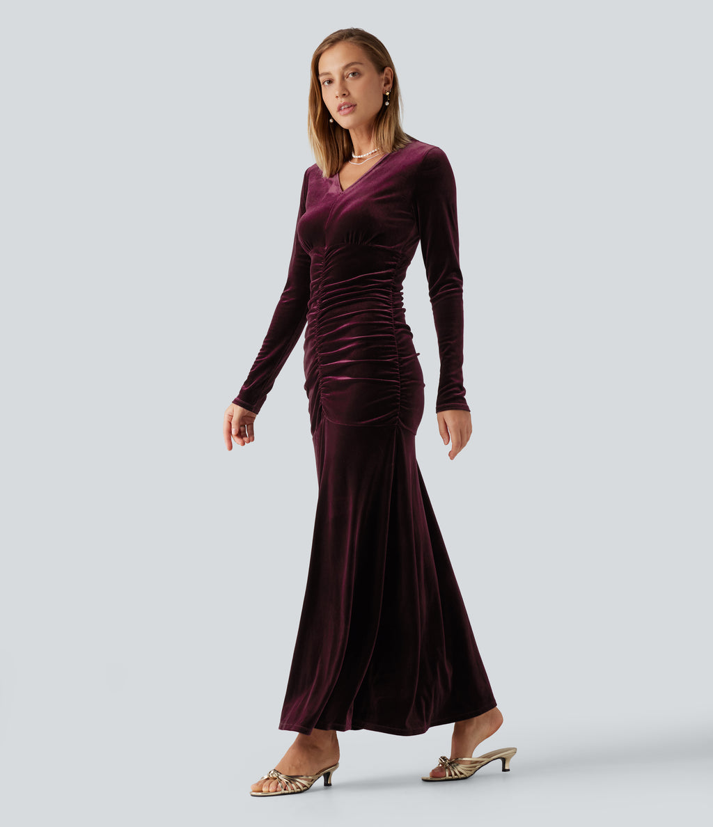 V Neck Long Sleeve Ruched Bodycon Velvet Party Maxi Dress — Dusky purple — view 3