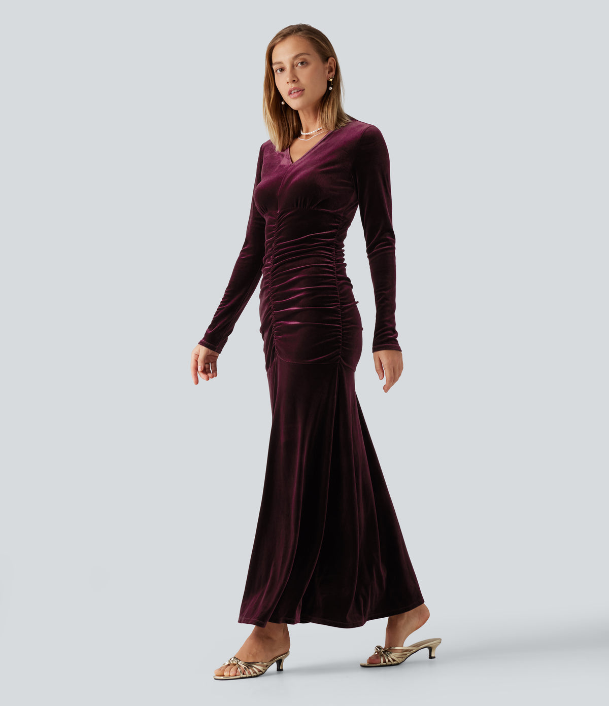 V Neck Long Sleeve Ruched Bodycon Velvet Party Maxi Dress — Dusky purple — view 3