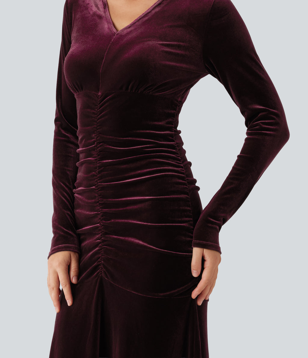 V Neck Long Sleeve Ruched Bodycon Velvet Party Maxi Dress — Dusky purple — view 6