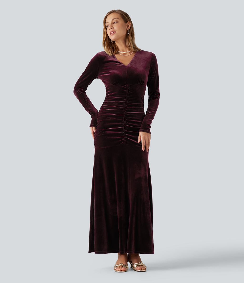 V Neck Long Sleeve Ruched Bodycon Velvet Party Maxi Dress — Dusky purple — view 1