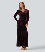 V Neck Long Sleeve Ruched Bodycon Velvet Party Maxi Dress — Dusky purple — view 1