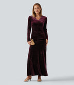 V Neck Long Sleeve Ruched Bodycon Velvet Party Maxi Dress — Dusky purple — view 8