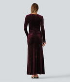 V Neck Long Sleeve Ruched Bodycon Velvet Party Maxi Dress — Dusky purple — view 2