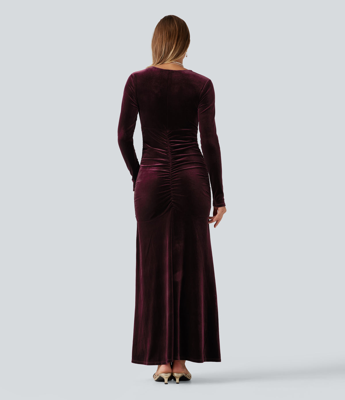 V Neck Long Sleeve Ruched Bodycon Velvet Party Maxi Dress — Dusky purple — view 2