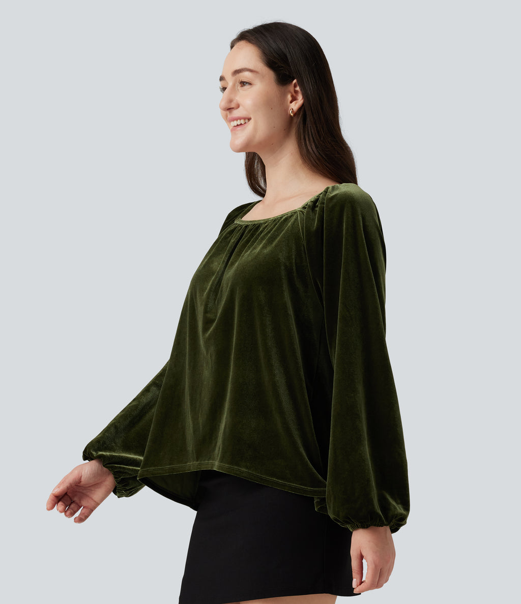 Square Neck Raglan Long Sleeve Pleated Velvet Casual Top — Rifle Green — view 3