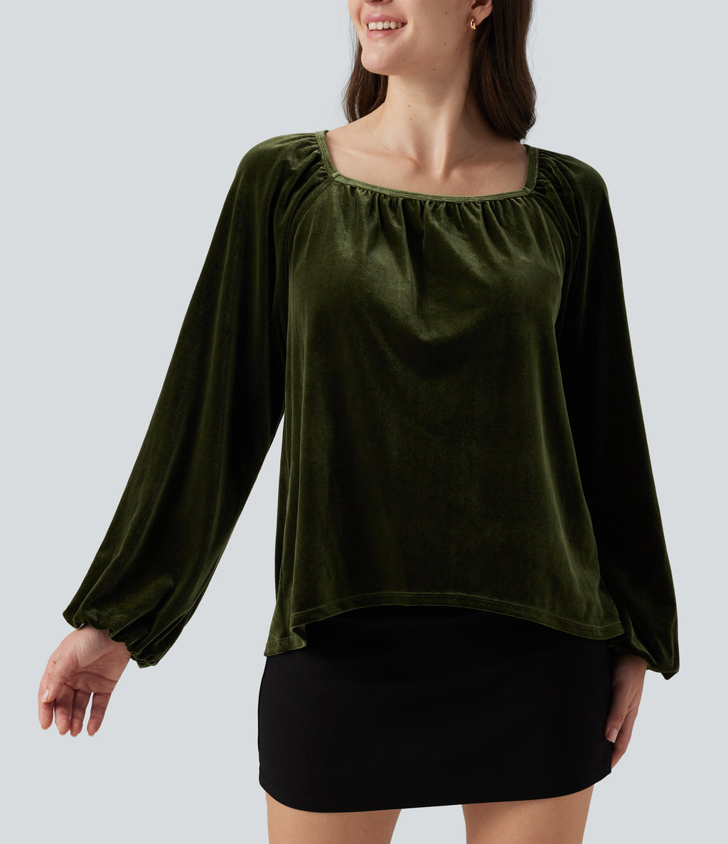 Square Neck Raglan Long Sleeve Pleated Velvet Casual Top — Rifle Green — view 5