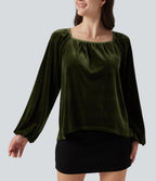 Square Neck Raglan Long Sleeve Pleated Velvet Casual Top — Rifle Green — view 5