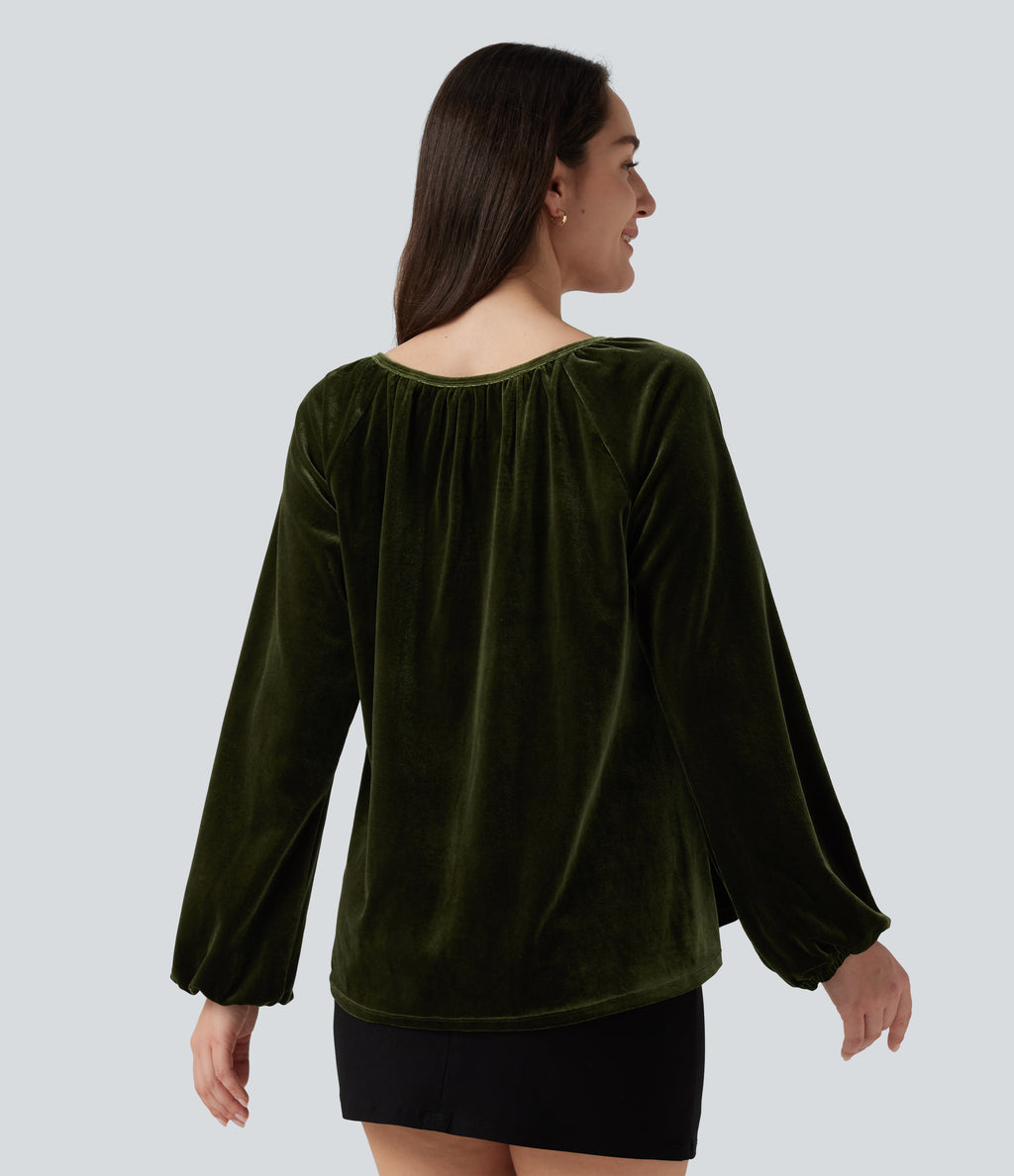Square Neck Raglan Long Sleeve Pleated Velvet Casual Top — Rifle Green — view 2