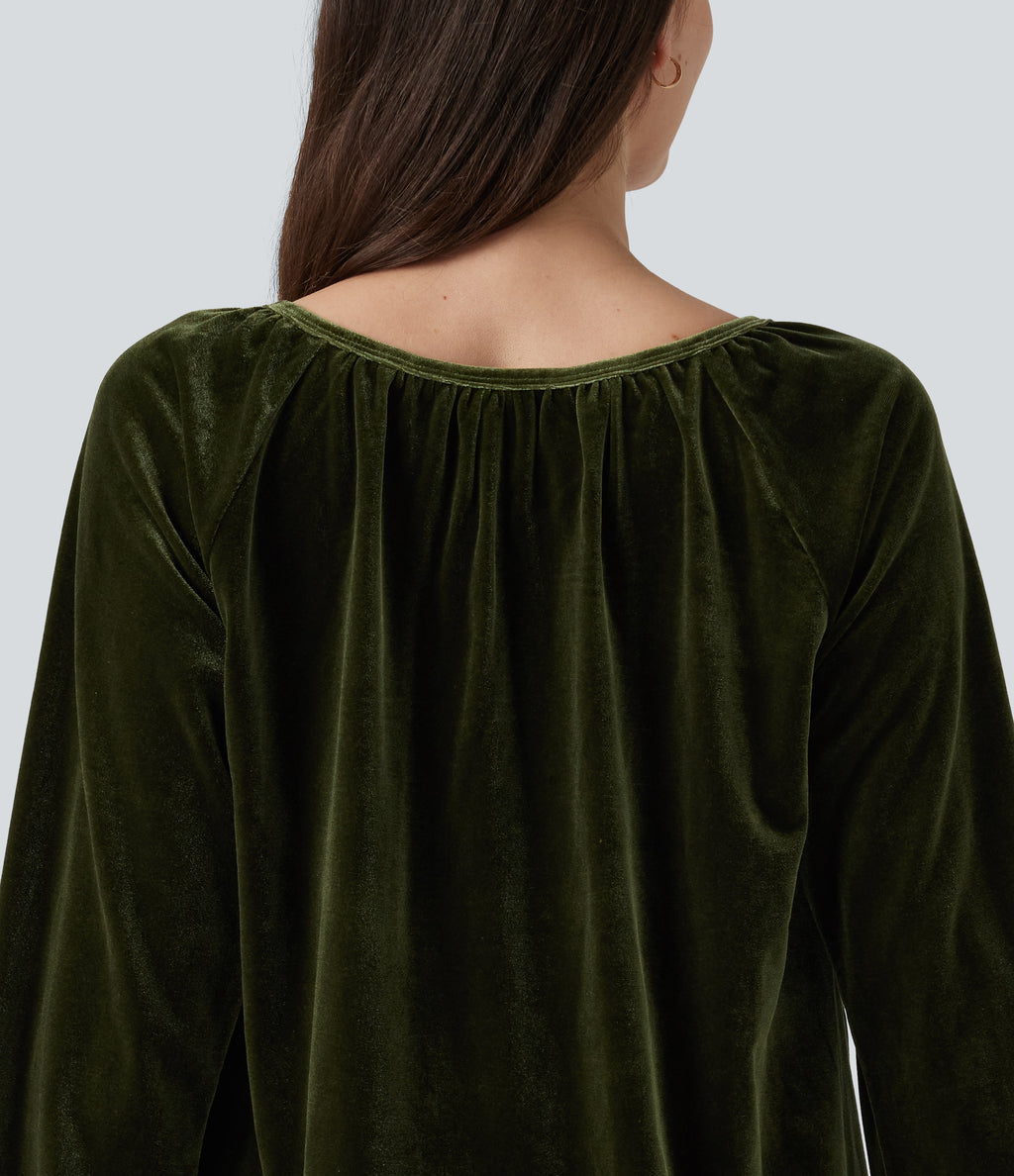 Square Neck Raglan Long Sleeve Pleated Velvet Casual Top — Rifle Green — view 6
