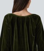 Square Neck Raglan Long Sleeve Pleated Velvet Casual Top — Rifle Green — view 6