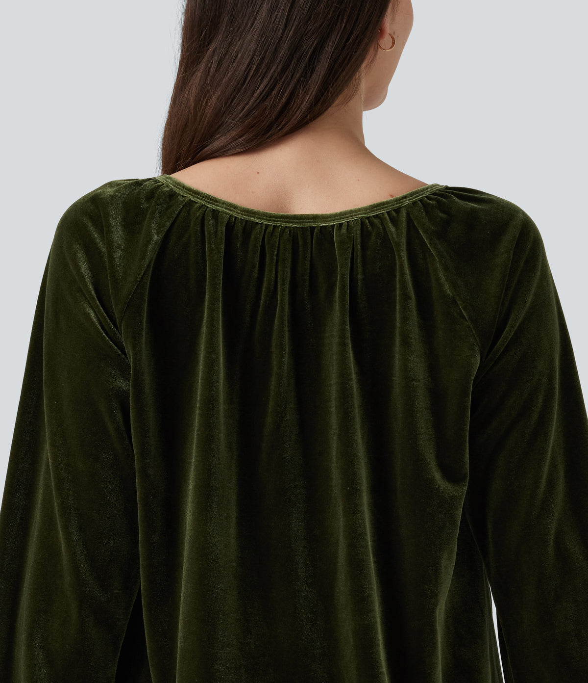 Square Neck Raglan Long Sleeve Pleated Velvet Casual Top — Rifle Green — view 6
