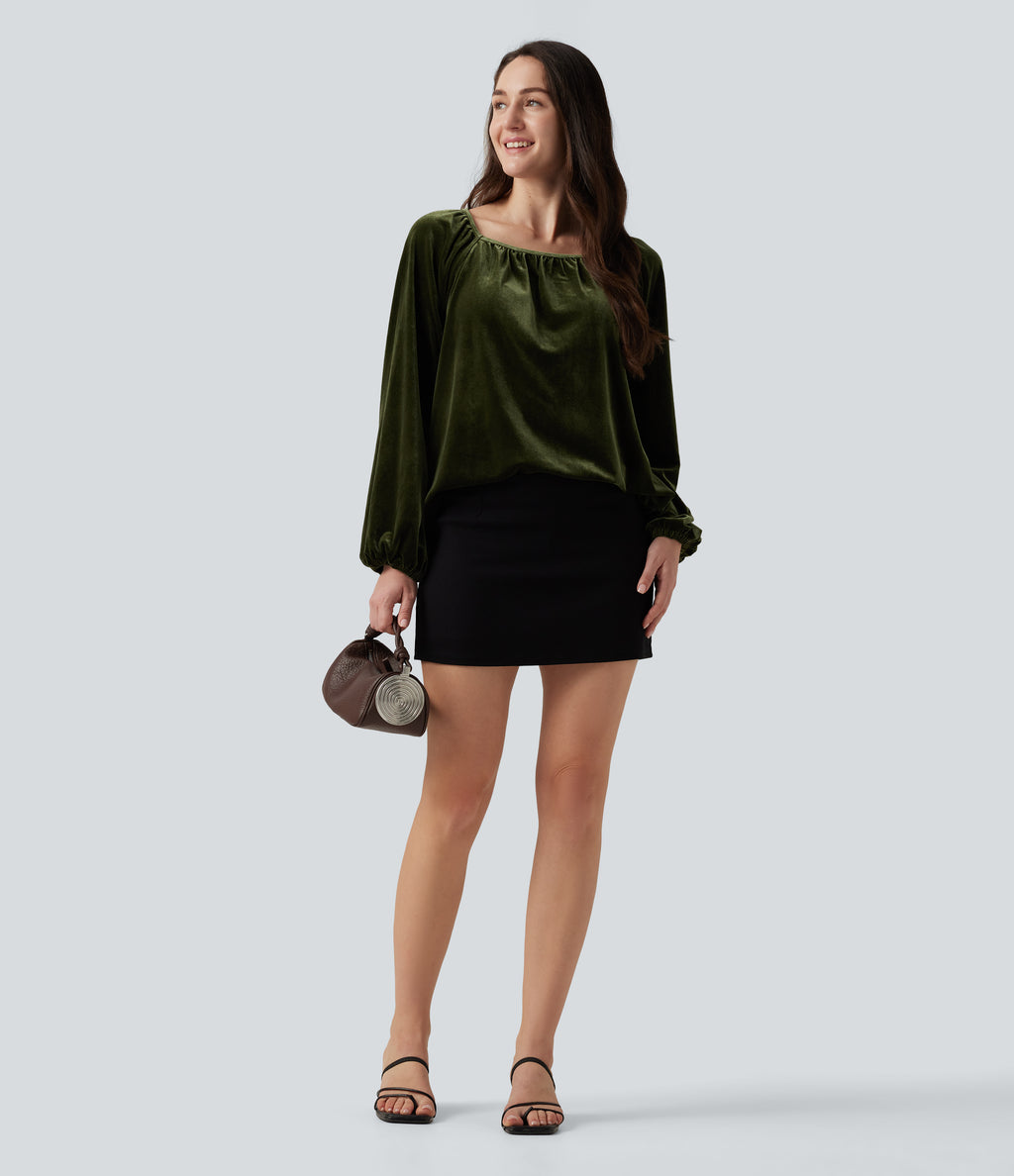 Square Neck Raglan Long Sleeve Pleated Velvet Casual Top — Rifle Green — view 7