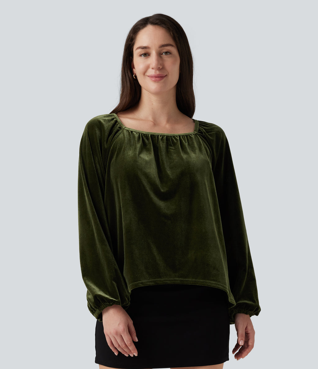 Square Neck Raglan Long Sleeve Pleated Velvet Casual Top — Rifle Green — view 4