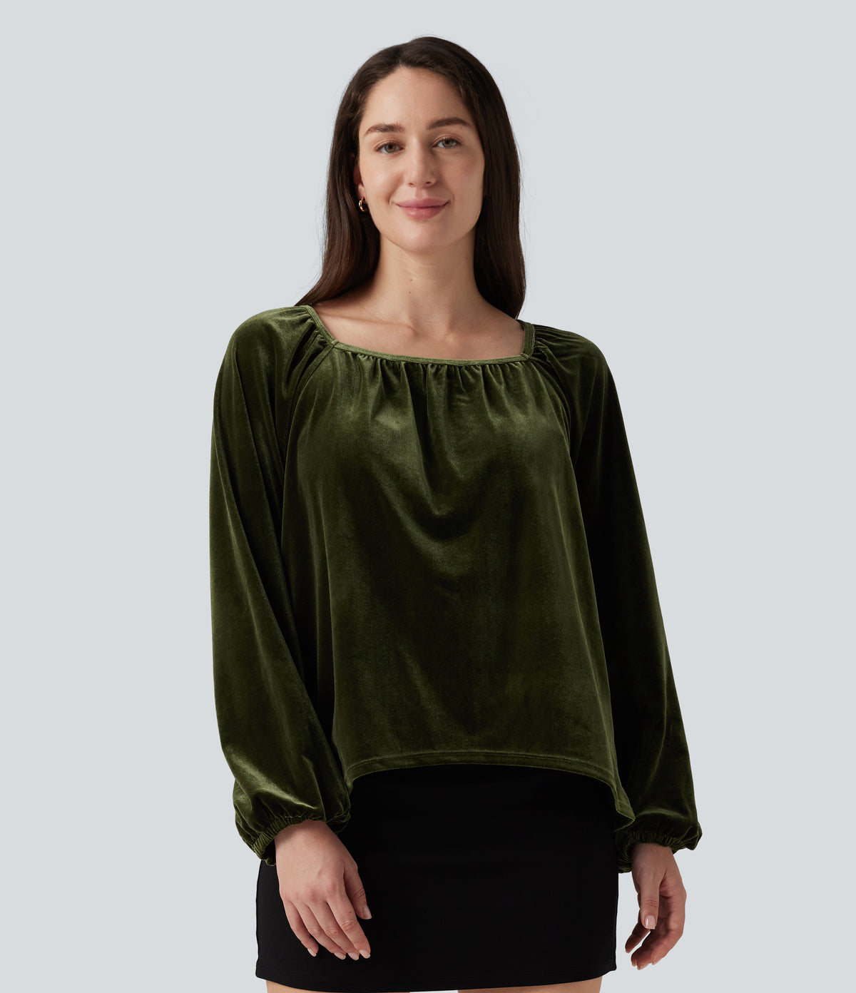 Square Neck Raglan Long Sleeve Pleated Velvet Casual Top — Rifle Green — view 4