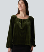 Square Neck Raglan Long Sleeve Pleated Velvet Casual Top — Rifle Green — view 1