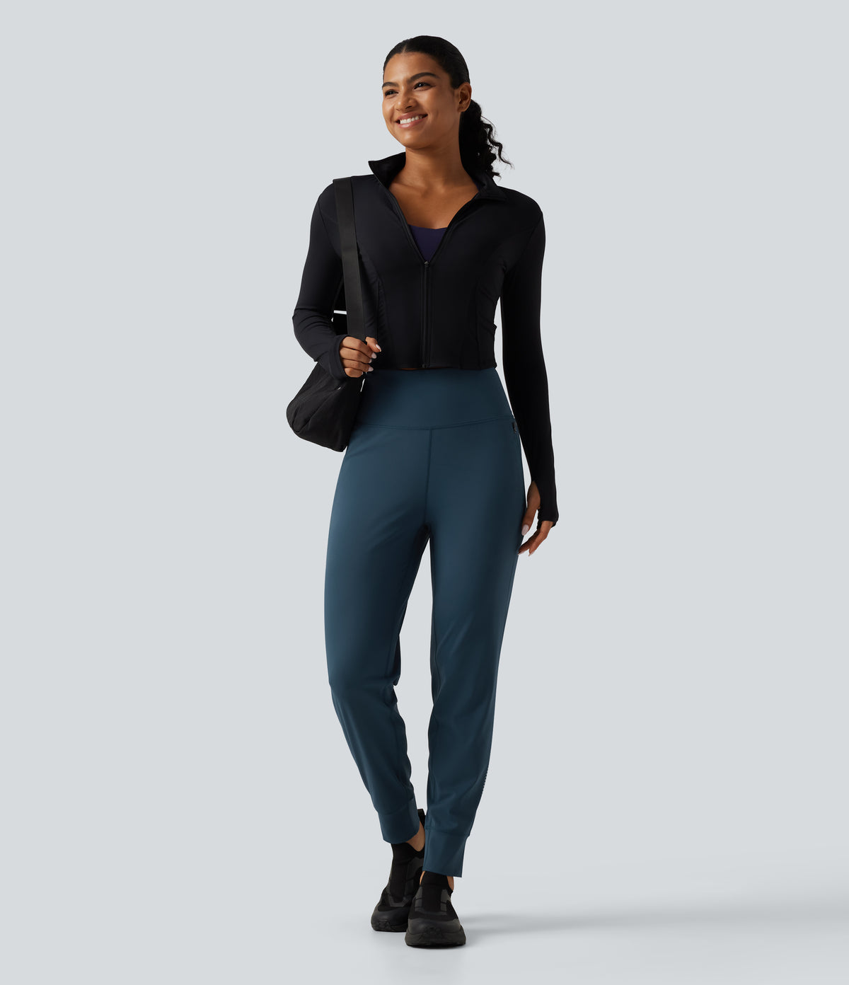 Airy High Waisted Reflective Dots InstantCool Running Joggers with Pockets — Majolica Blue — view 8