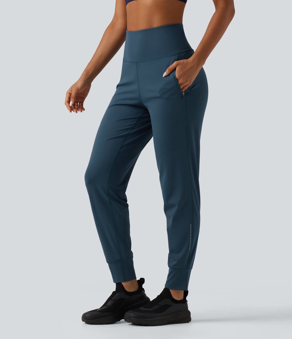 Airy High Waisted Reflective Dots InstantCool Running Joggers with Pockets — Majolica Blue — view 3