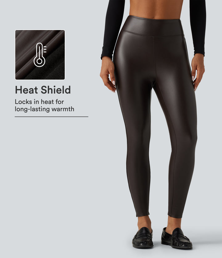 High Waisted Stretchy PU Fleece Skinny Casual Leggings with Pockets — Hot Fudge — view 1