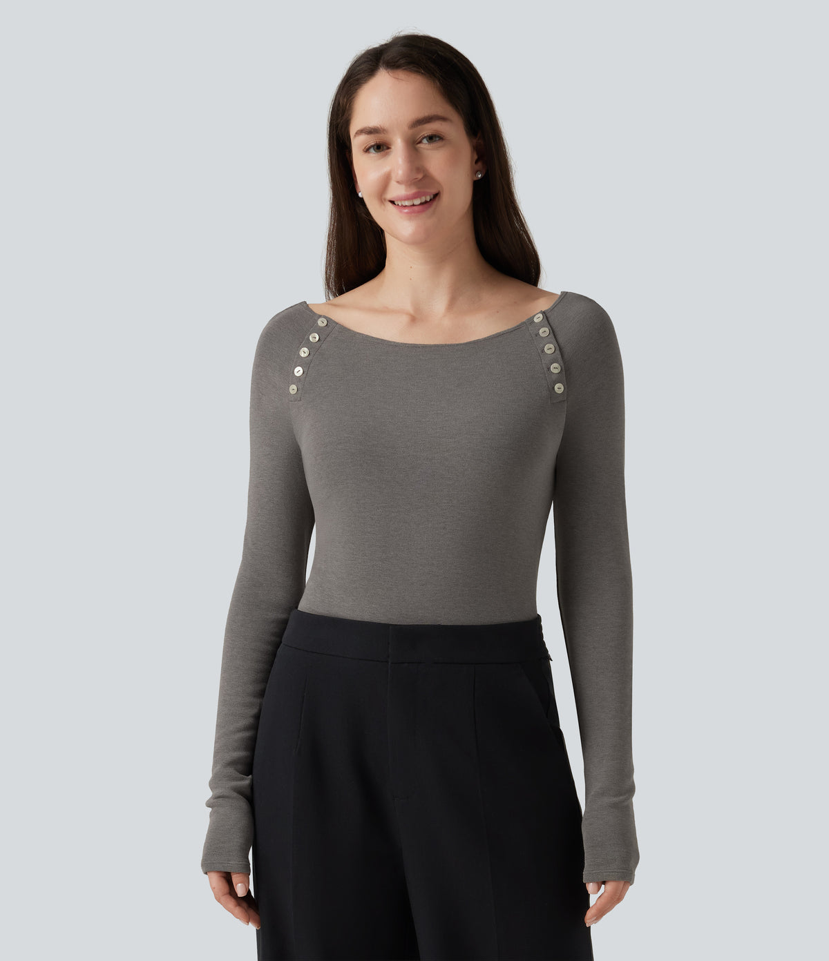 Boat Neck Raglan Long Sleeve Thermal Casual Top — Mottled Cloud Grey — view 4