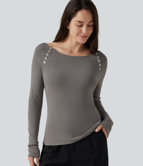 Boat Neck Raglan Long Sleeve Thermal Casual Top — Mottled Cloud Grey — view 1