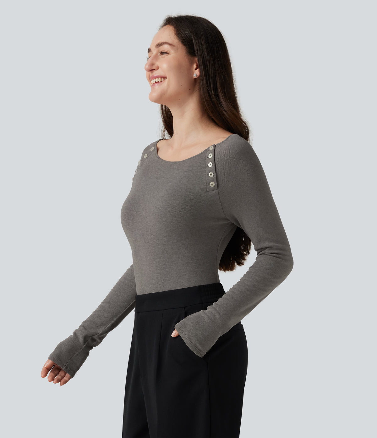 Boat Neck Raglan Long Sleeve Thermal Casual Top — Mottled Cloud Grey — view 3