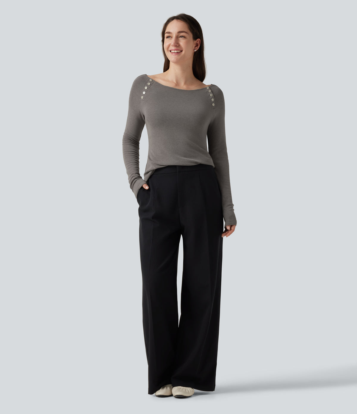Boat Neck Raglan Long Sleeve Thermal Casual Top — Mottled Cloud Grey — view 7