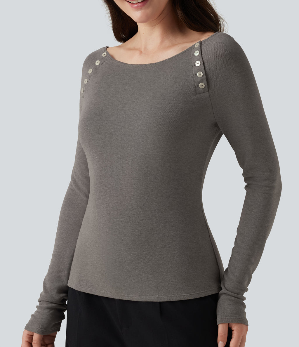 Boat Neck Raglan Long Sleeve Thermal Casual Top — Mottled Cloud Grey — view 5
