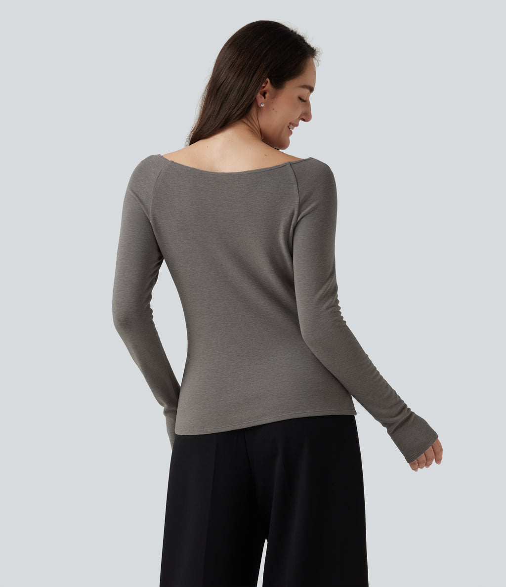 Boat Neck Raglan Long Sleeve Thermal Casual Top — Mottled Cloud Grey — view 2
