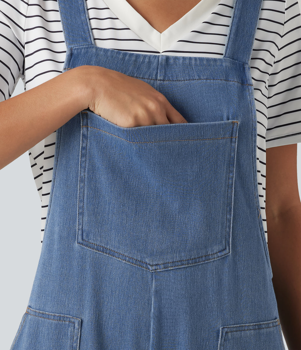 U Neck Sleeveless Barrel Leg Denim Casual Dungarees with Pockets — Blue Jasper Denim — view 5
