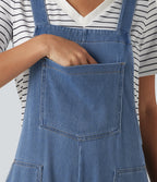 U Neck Sleeveless Barrel Leg Denim Casual Dungarees with Pockets — Blue Jasper Denim — view 5