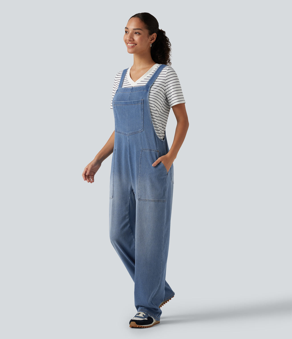 U Neck Sleeveless Barrel Leg Denim Casual Dungarees with Pockets — Blue Jasper Denim — view 3
