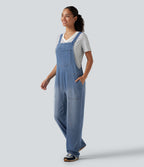 U Neck Sleeveless Barrel Leg Denim Casual Dungarees with Pockets — Blue Jasper Denim — view 3