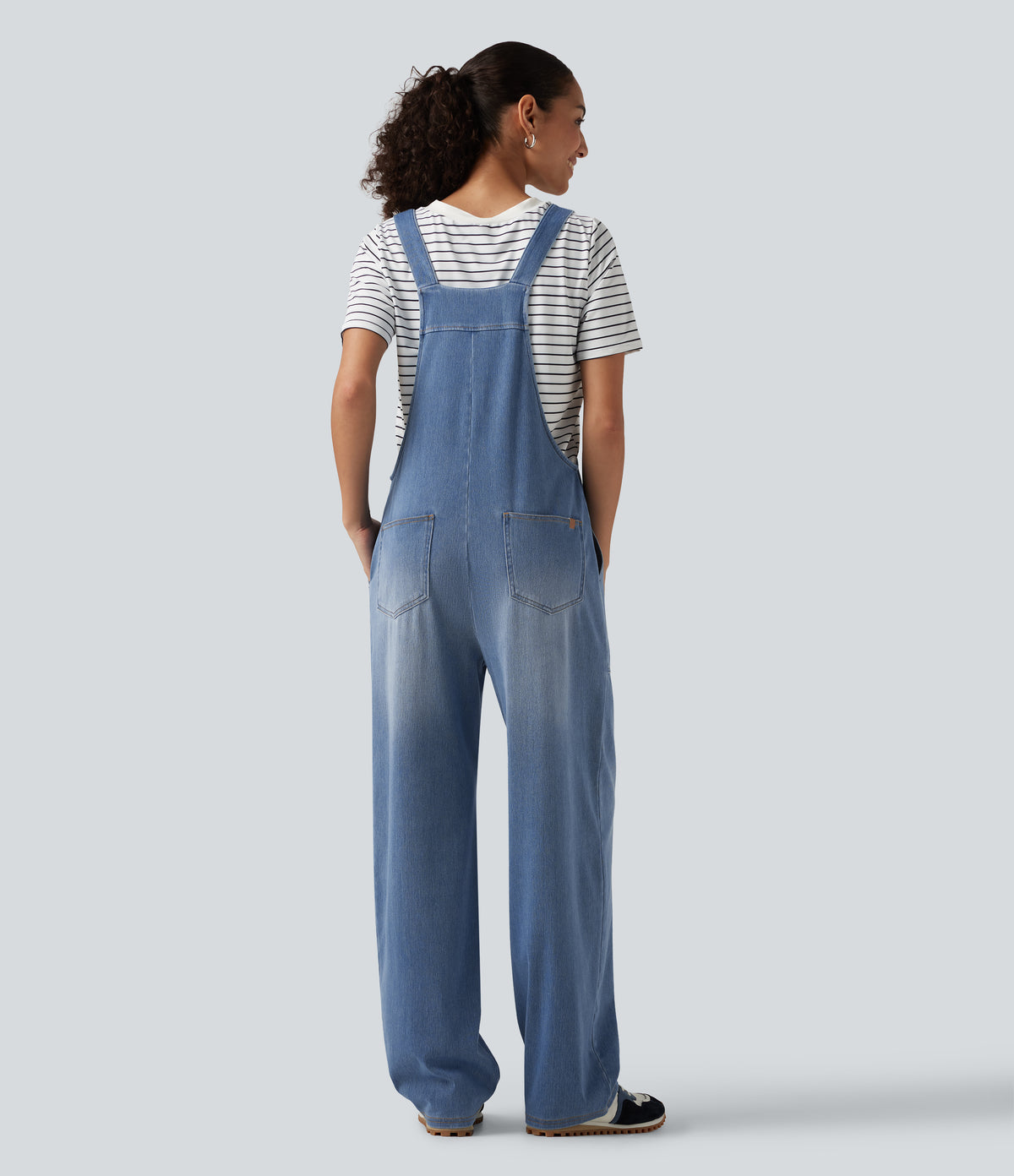 U Neck Sleeveless Barrel Leg Denim Casual Dungarees with Pockets — Blue Jasper Denim — view 2