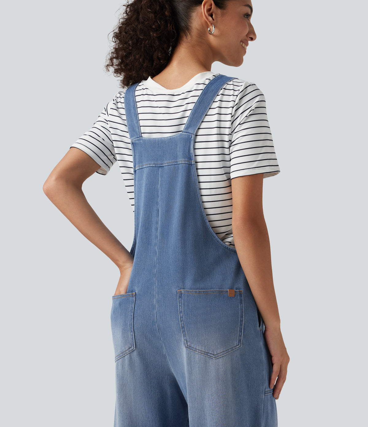 U Neck Sleeveless Barrel Leg Denim Casual Dungarees with Pockets — Blue Jasper Denim — view 6