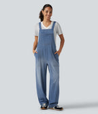 U Neck Sleeveless Barrel Leg Denim Casual Dungarees with Pockets — Blue Jasper Denim — view 1