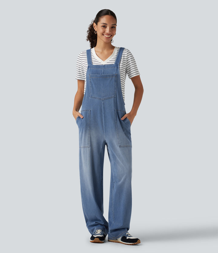U Neck Sleeveless Barrel Leg Denim Casual Dungarees with Pockets — Blue Jasper Denim — view 1