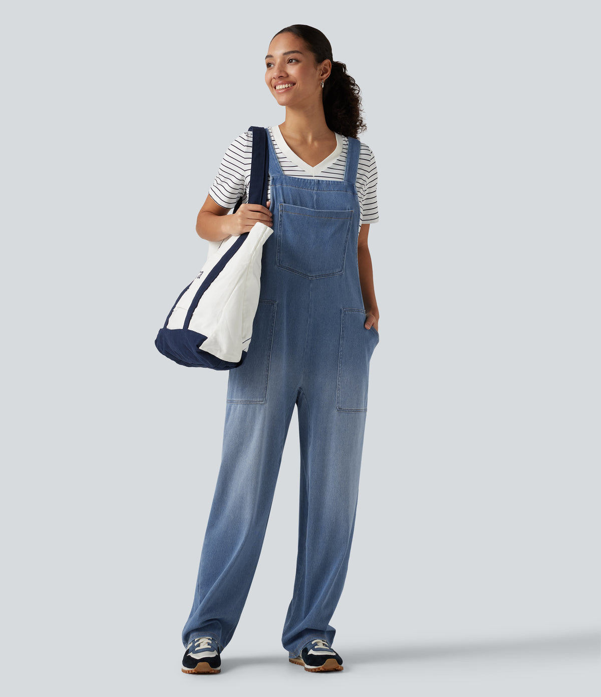 U Neck Sleeveless Barrel Leg Denim Casual Dungarees with Pockets — Blue Jasper Denim — view 7