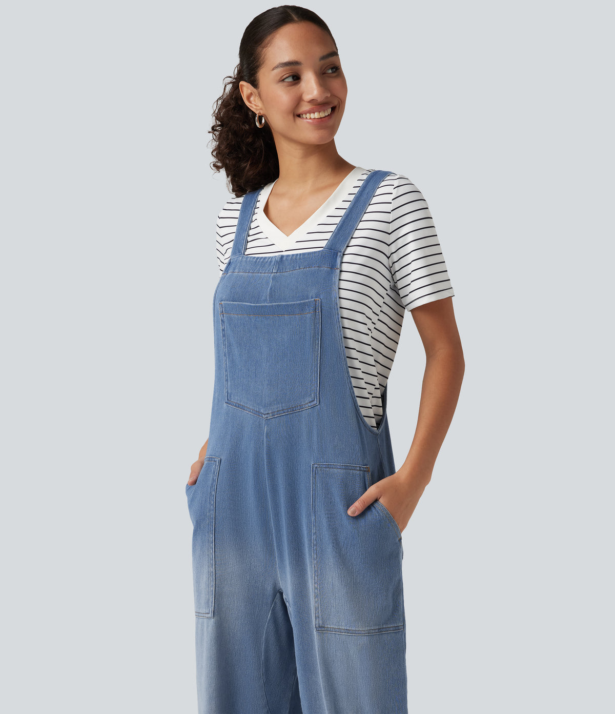 U Neck Sleeveless Barrel Leg Denim Casual Dungarees with Pockets — Blue Jasper Denim — view 4