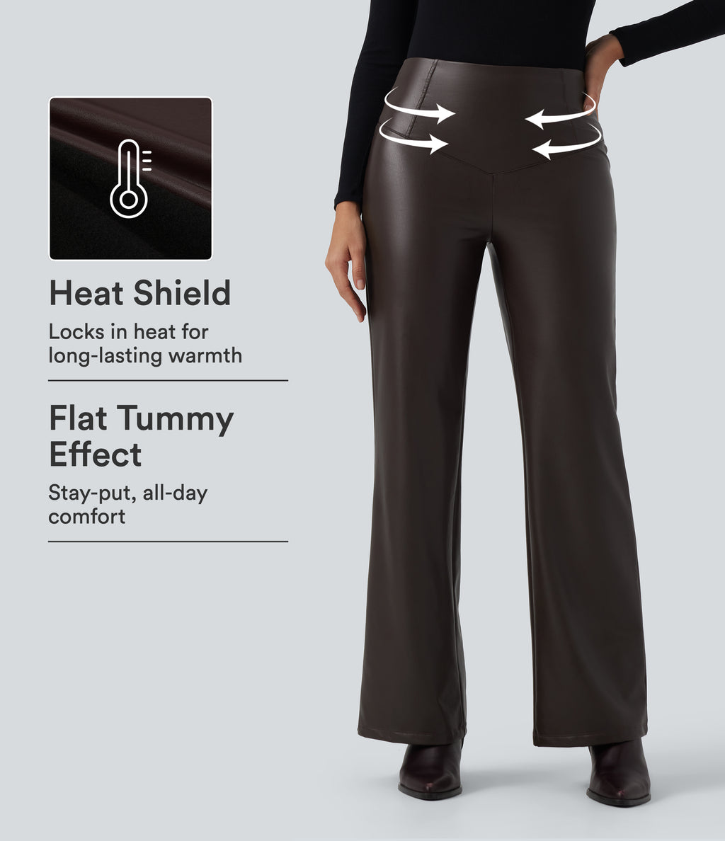 High Waisted Stretchy PU Fleece Tummy Control Bootcut Casual Leather Trousers with Pockets — Hot Fudge — view 1