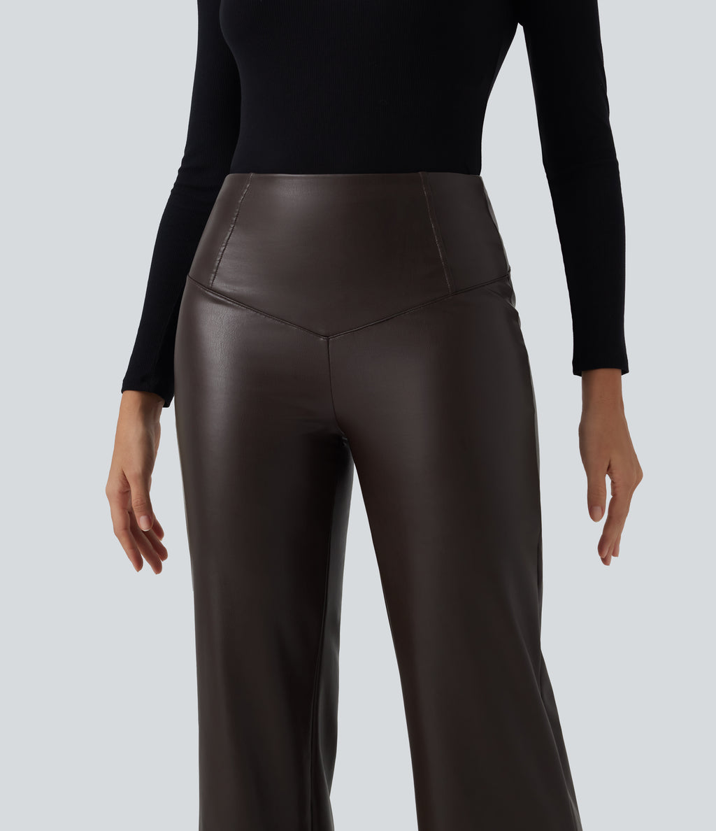 High Waisted Stretchy PU Fleece Tummy Control Bootcut Casual Leather Trousers with Pockets — Hot Fudge — view 4