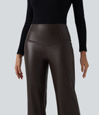 High Waisted Stretchy PU Fleece Tummy Control Bootcut Casual Leather Trousers with Pockets — Hot Fudge — view 4