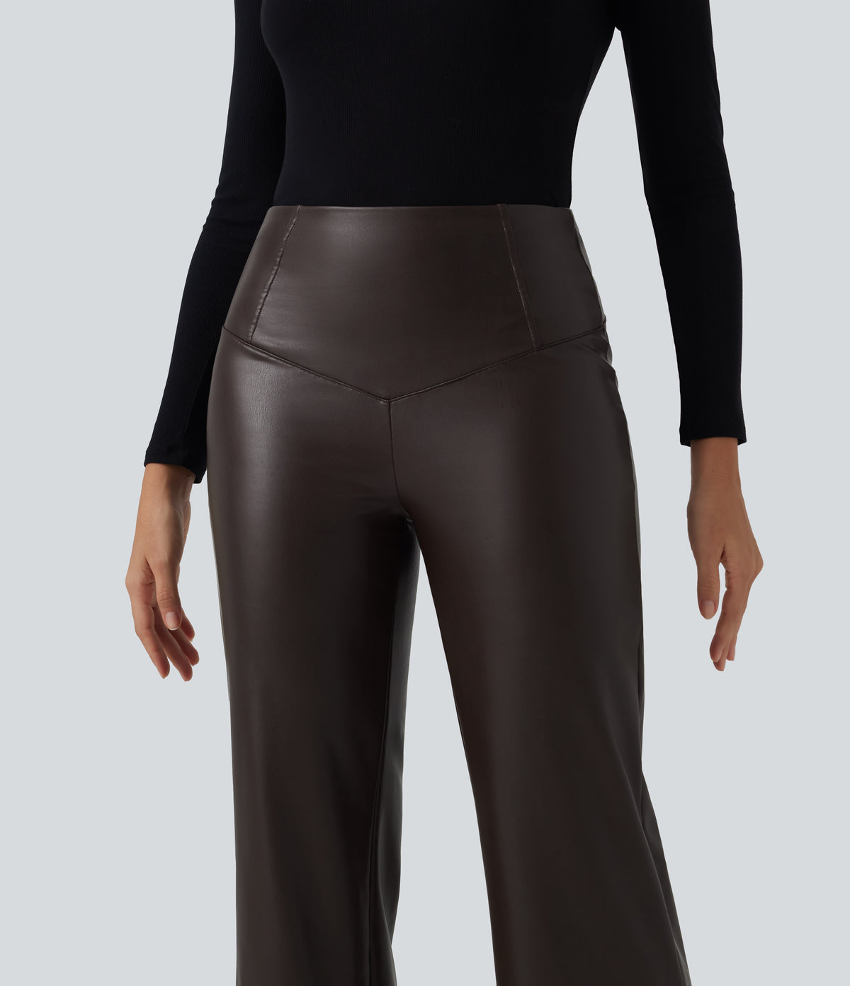 High Waisted Stretchy PU Fleece Tummy Control Bootcut Casual Leather Trousers with Pockets — Hot Fudge — view 4