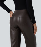 High Waisted Stretchy PU Fleece Tummy Control Bootcut Casual Leather Trousers with Pockets — Hot Fudge — view 5