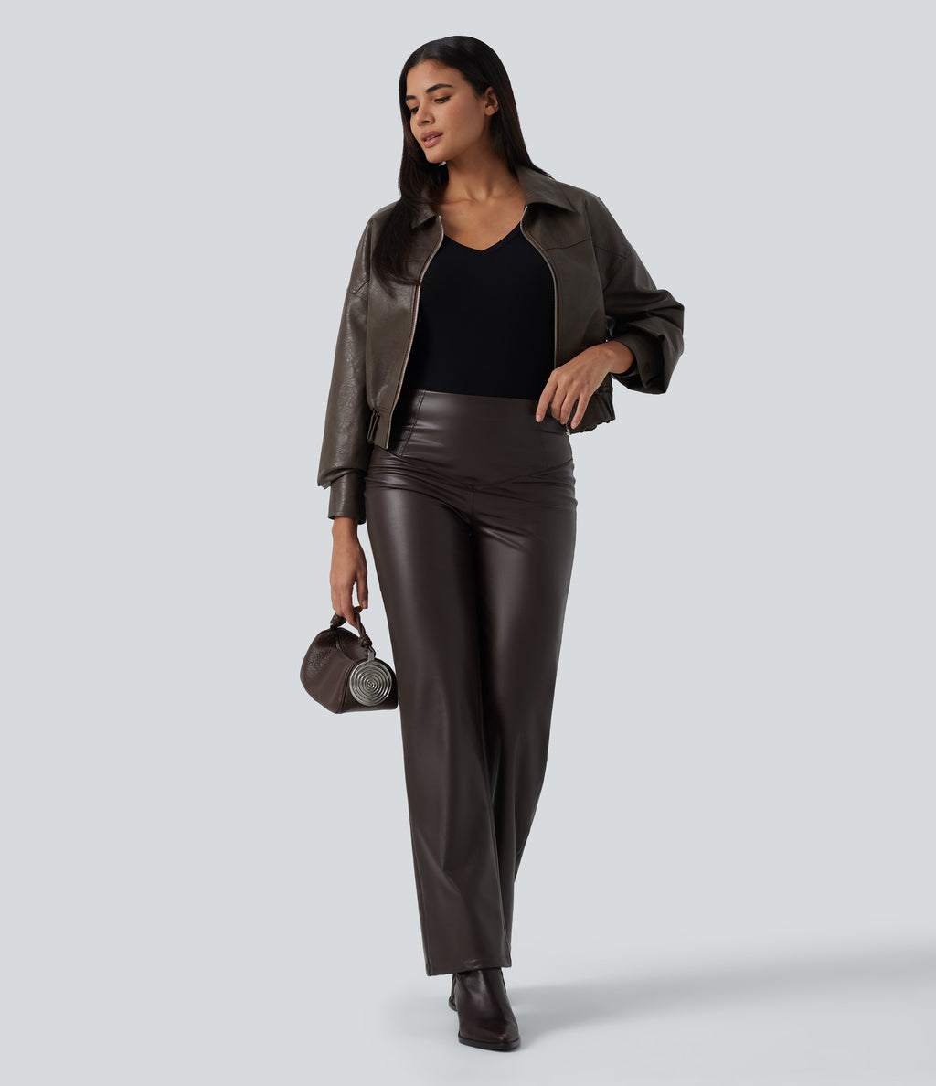 High Waisted Stretchy PU Fleece Tummy Control Bootcut Casual Leather Trousers with Pockets — Hot Fudge — view 6