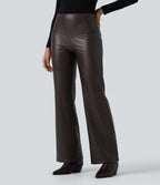 High Waisted Stretchy PU Fleece Tummy Control Bootcut Casual Leather Trousers with Pockets — Hot Fudge — view 3
