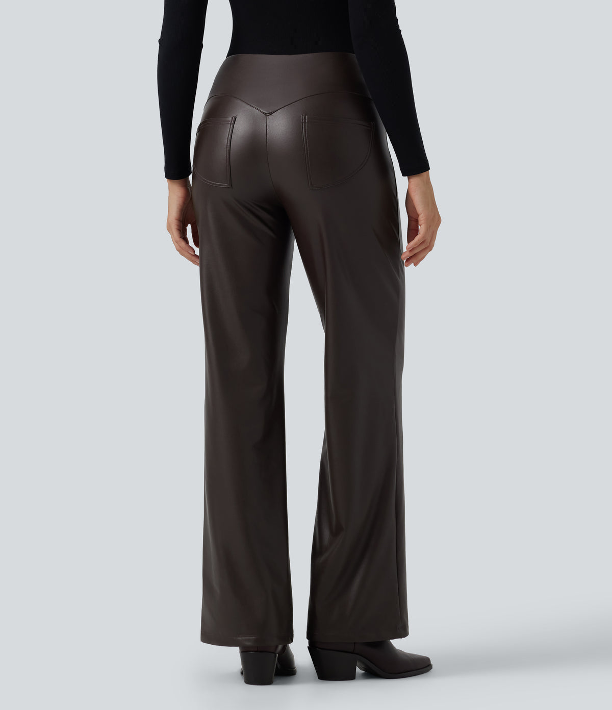 High Waisted Stretchy PU Fleece Tummy Control Bootcut Casual Leather Trousers with Pockets — Hot Fudge — view 2