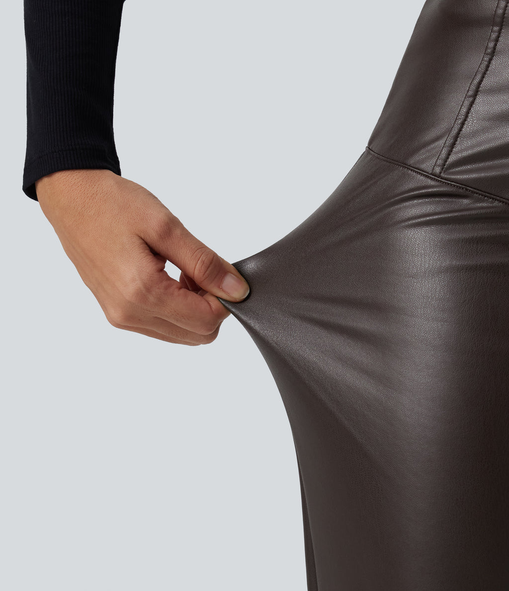 High Waisted Stretchy PU Fleece Tummy Control Bootcut Casual Leather Trousers with Pockets — Hot Fudge — view 7