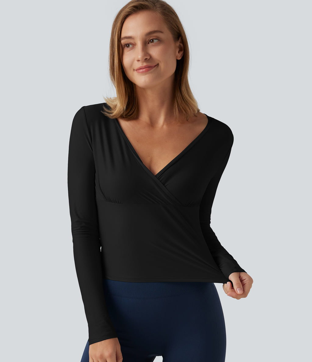 Deep V Neck Long Sleeve Crossover Yoga Top-UPF40+ — Black — view 6
